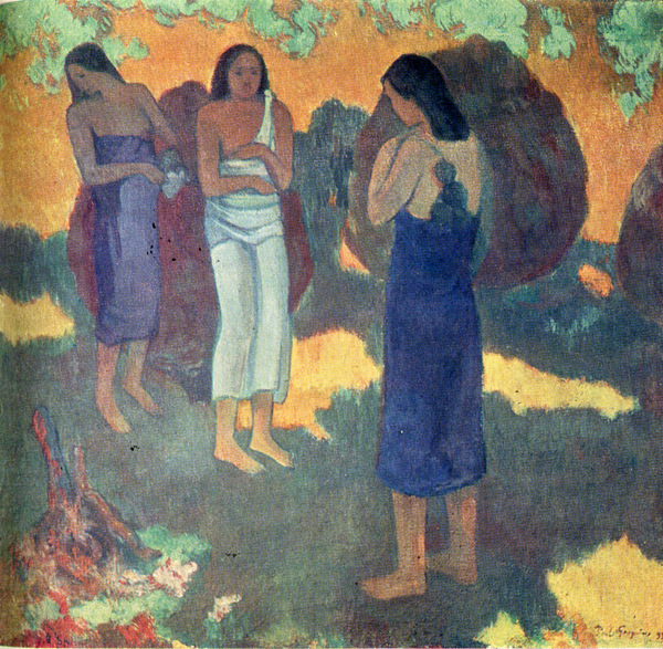 62.                     Три таитянки на желтом фоне. 1899 (Три таитянские женщины на желтом фоне, Эрмитаж, инв. № 7708). У Гогена на разных картинах можно увидеть одни и те же лица. Эти фигуры есть и на «Фаа Ихеихе».
