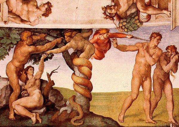 Микеланджело. Грехопадение Адама и Евы. Фрагмент росписи Сикстинской капеллы, 1508—1512 гг.