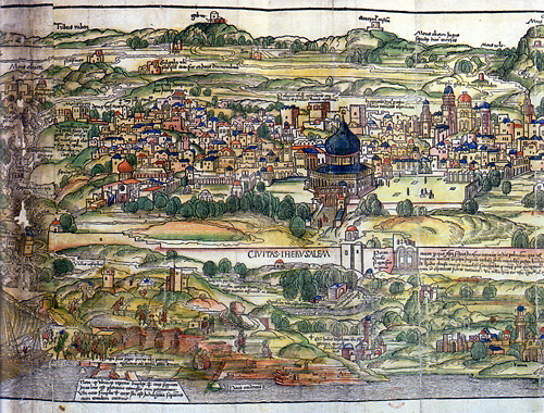 Город Иерусалим на на голландской гравюре 15-го века. Монастырь Богоматери на горе Сион где-то в левом верхнем углу. По крайней мере так утверждают авторы Тайны священной крови. Из этой книжки картинка и взята