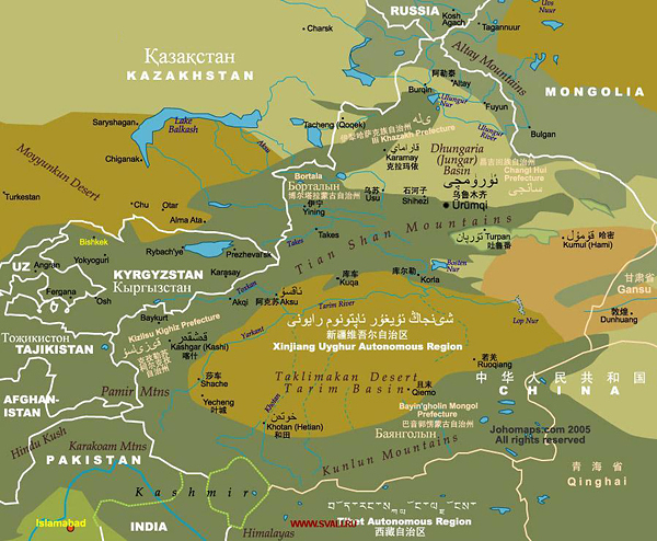 Карта Синьцзян-Уйгурского автономного района Китая с прилегающими странами и территориями
