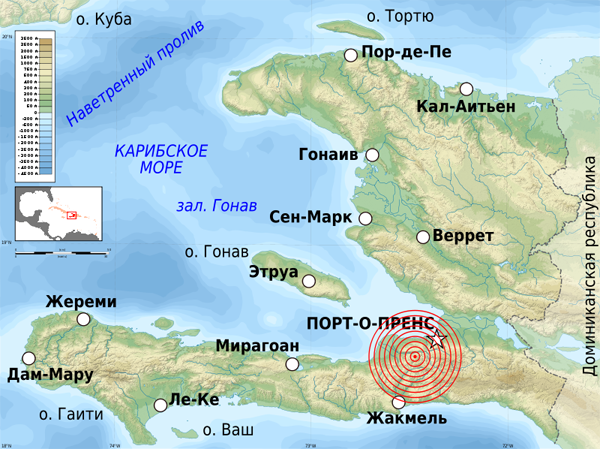 Карта Гаити. Эпицентр землетрясения там, где красные круги