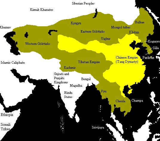 Жёлтый – границы империи Тан, хаки – границы сферы влияния империи